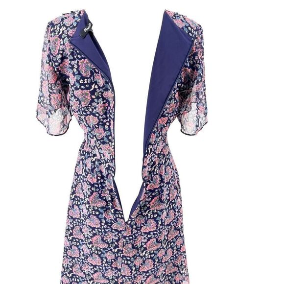 Madewell Floral Chiffon Dress Size 0 V-Neck A-Line Navy Pink Boho Romantic Lined - Picture 8 of 13